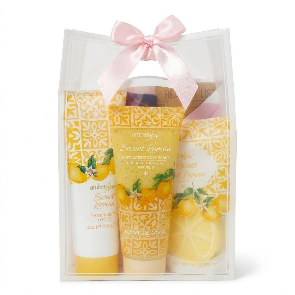 Amberglow Sweet Lemon Bath & Body Gift Set: Lotion, Body Scrub, Bath Bomb &More